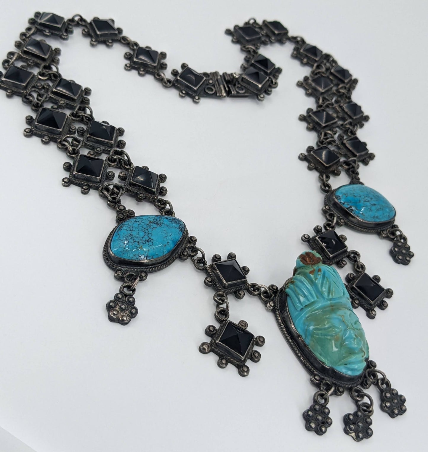 OOAK Taxco Aztec/Maya Figural Carved Turquoise, Obsidian, & Sterling Necklace & Bracelet Set