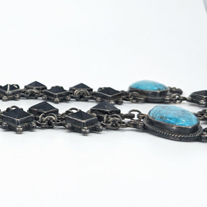 OOAK Taxco Aztec/Maya Figural Carved Turquoise, Obsidian, & Sterling Necklace & Bracelet Set