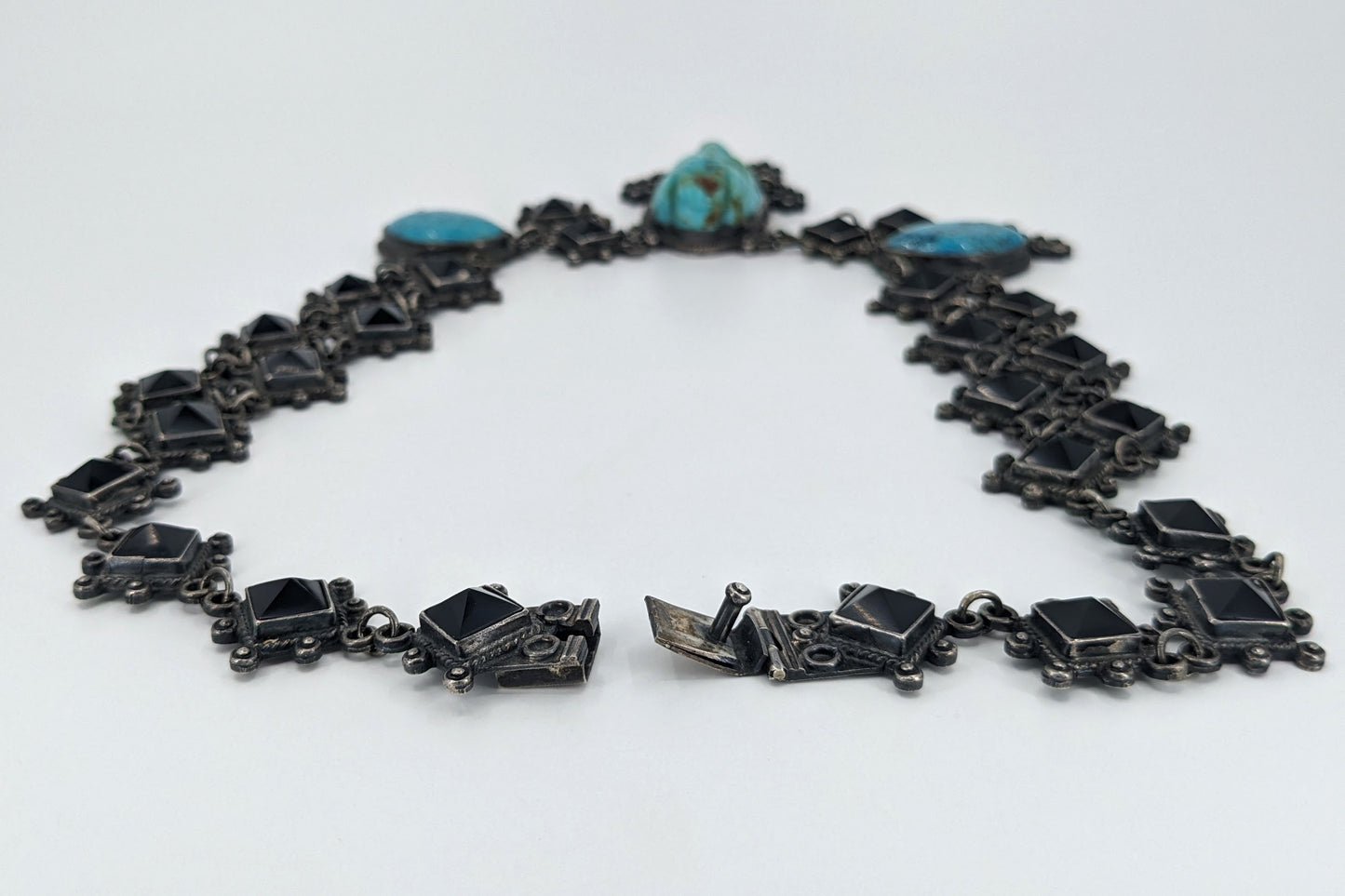 OOAK Taxco Aztec/Maya Figural Carved Turquoise, Obsidian, & Sterling Necklace & Bracelet Set