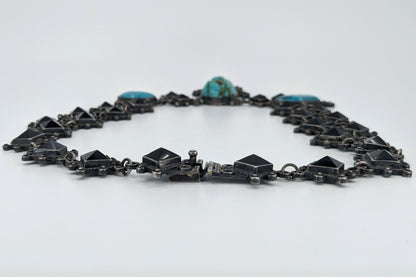 OOAK Taxco Aztec/Maya Figural Carved Turquoise, Obsidian, & Sterling Necklace & Bracelet Set