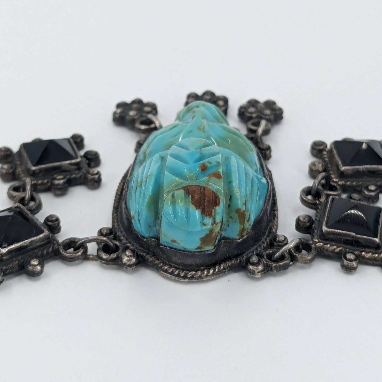 OOAK Taxco Aztec/Maya Figural Carved Turquoise, Obsidian, & Sterling Necklace & Bracelet Set