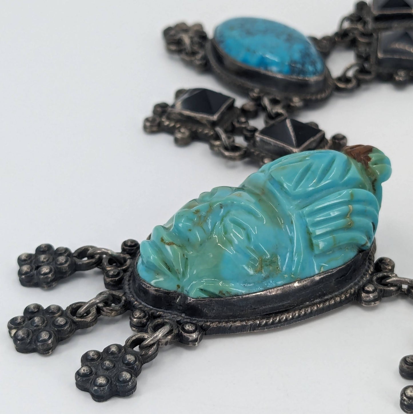 OOAK Taxco Aztec/Maya Figural Carved Turquoise, Obsidian, & Sterling Necklace & Bracelet Set