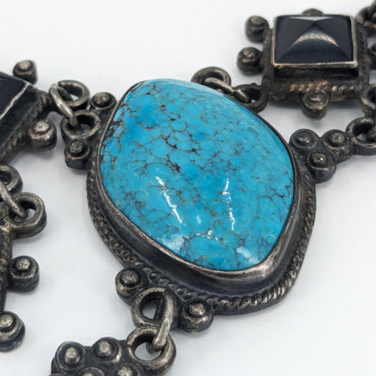 OOAK Taxco Aztec/Maya Figural Carved Turquoise, Obsidian, & Sterling Necklace & Bracelet Set