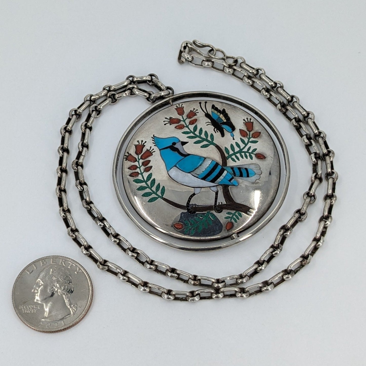 Silas & Bertie Ohmsatte - Zuni Cardinal & Blue Jay with Butterflies Spinner Necklace