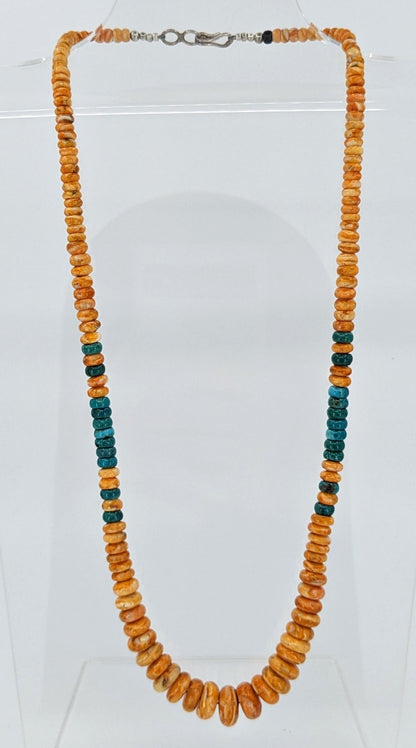 Orange Spiny Oyster and Turquoise Graduated Rondelle Bead Necklace