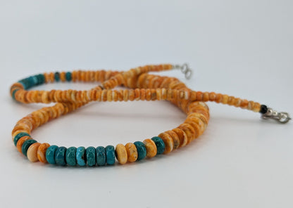 Orange Spiny Oyster and Turquoise Graduated Rondelle Bead Necklace