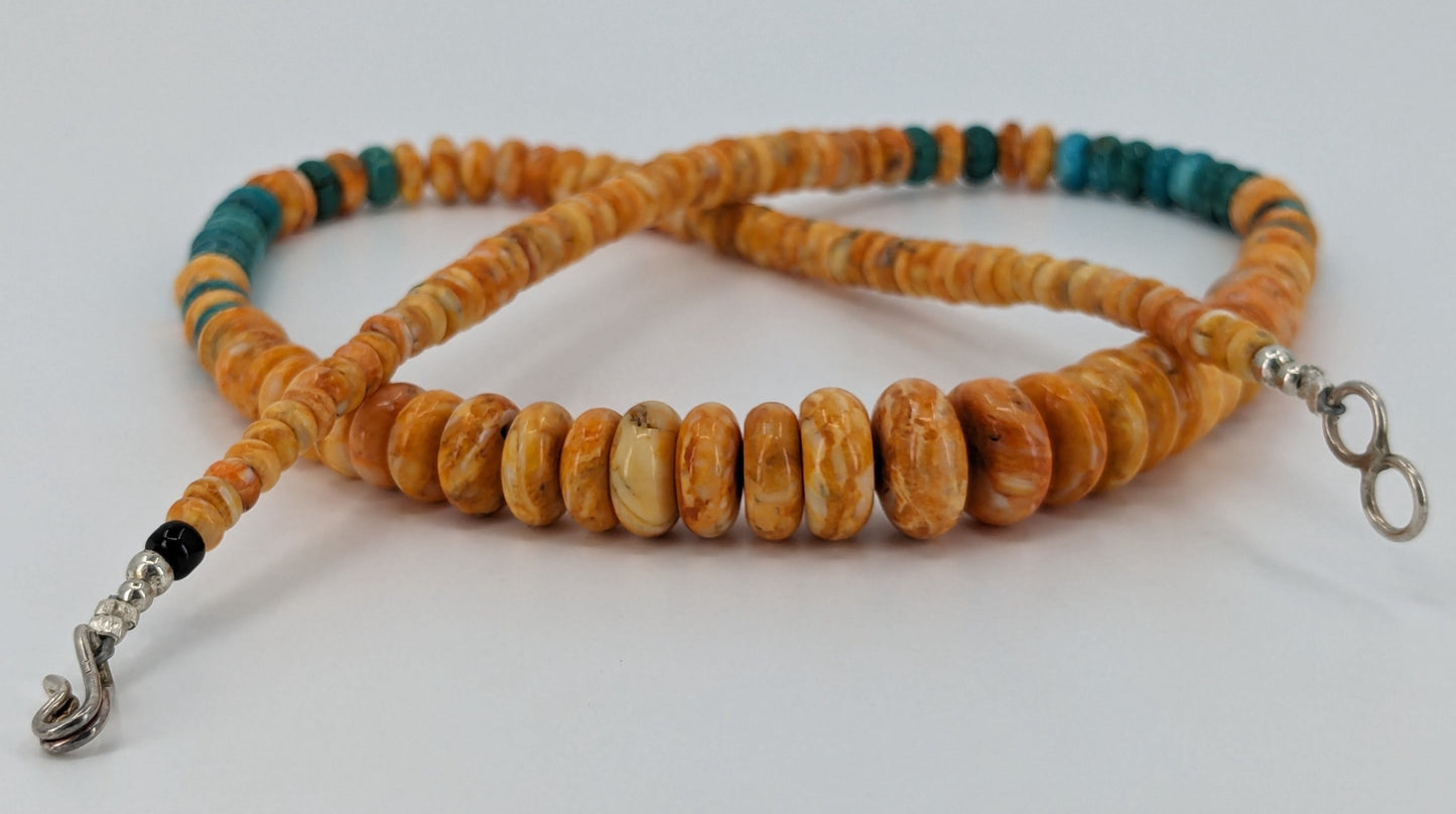 Orange Spiny Oyster and Turquoise Graduated Rondelle Bead Necklace