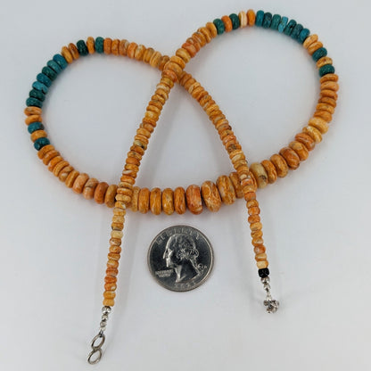 Orange Spiny Oyster and Turquoise Graduated Rondelle Bead Necklace