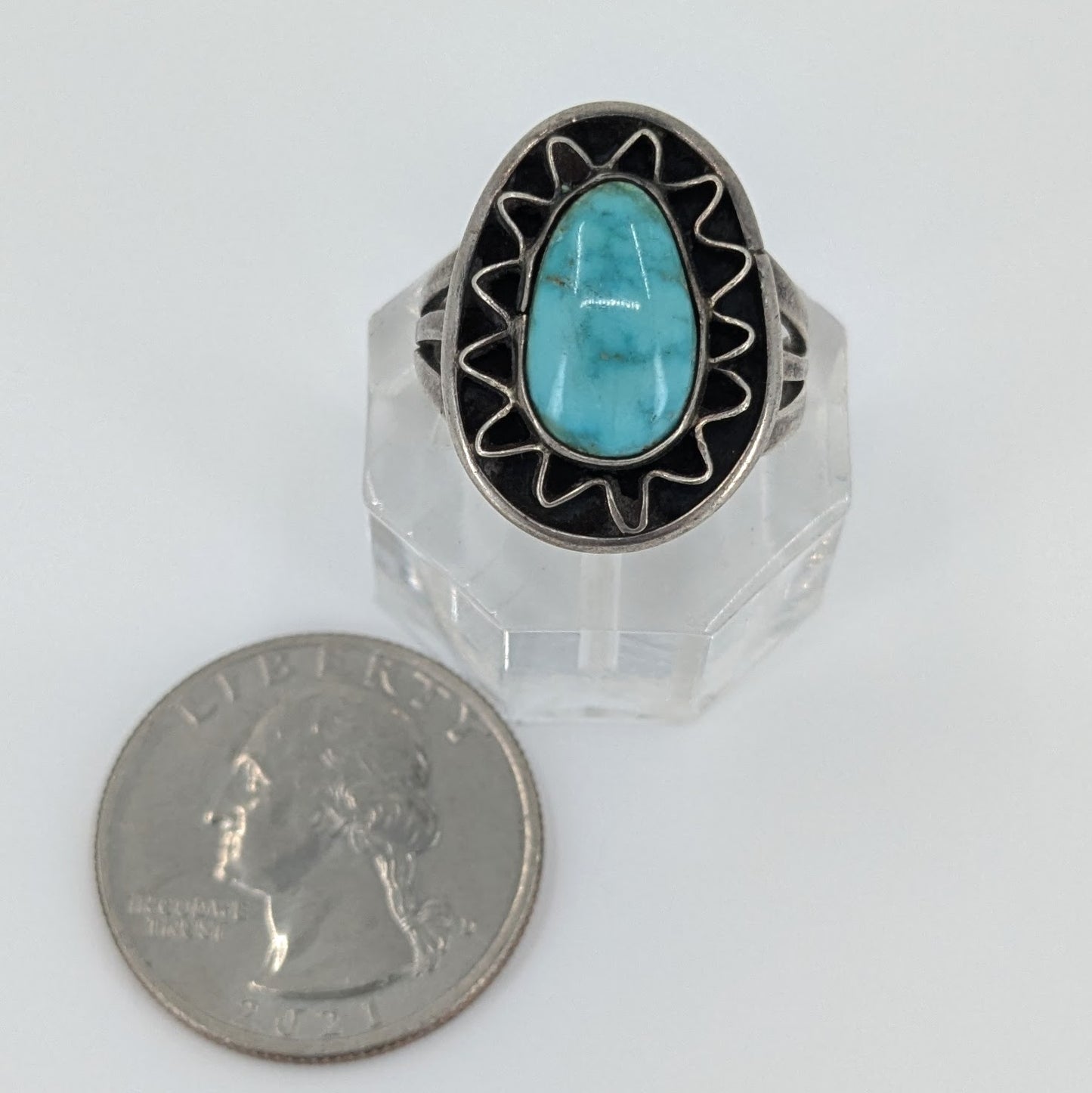 Three Hogans - Vintage Turquoise Sterling Ring, Size 6.75