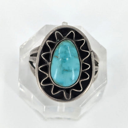 Three Hogans - Vintage Turquoise Sterling Ring, Size 6.75