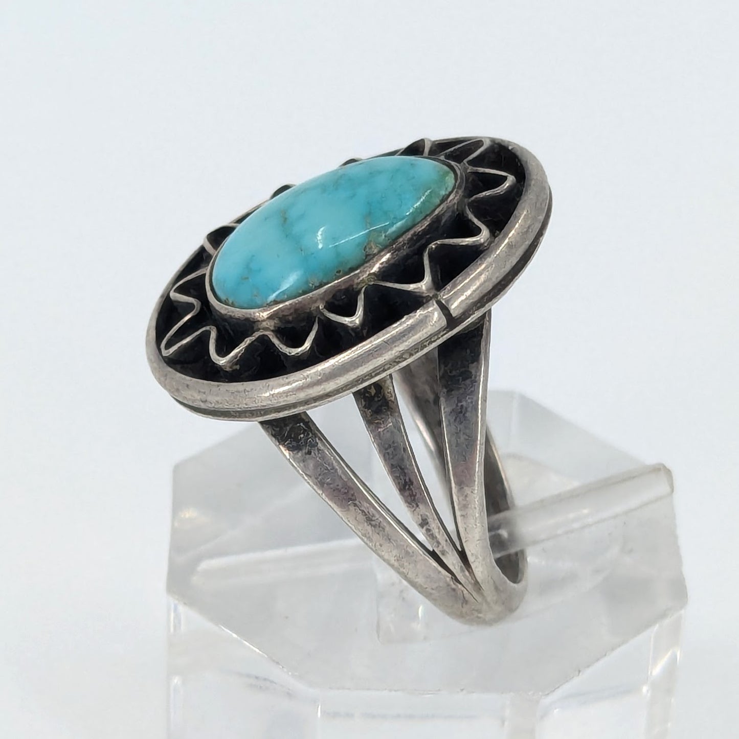 Three Hogans - Vintage Turquoise Sterling Ring, Size 6.75