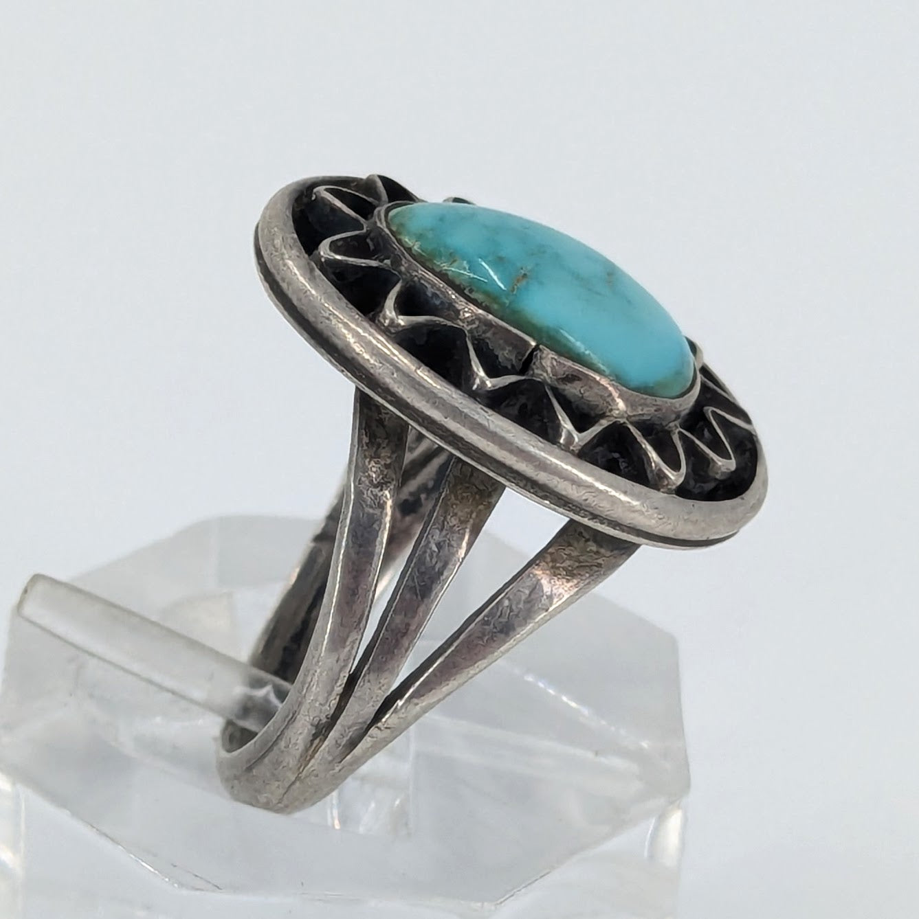 Three Hogans - Vintage Turquoise Sterling Ring, Size 6.75