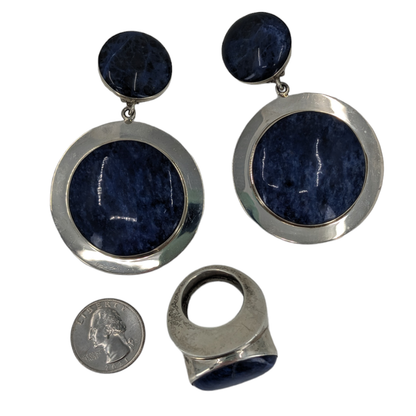 Harlene Korey (Kalibre 1985) - Sterling and Sodalite Ring (Size 8.75) & Earrings Statement Set