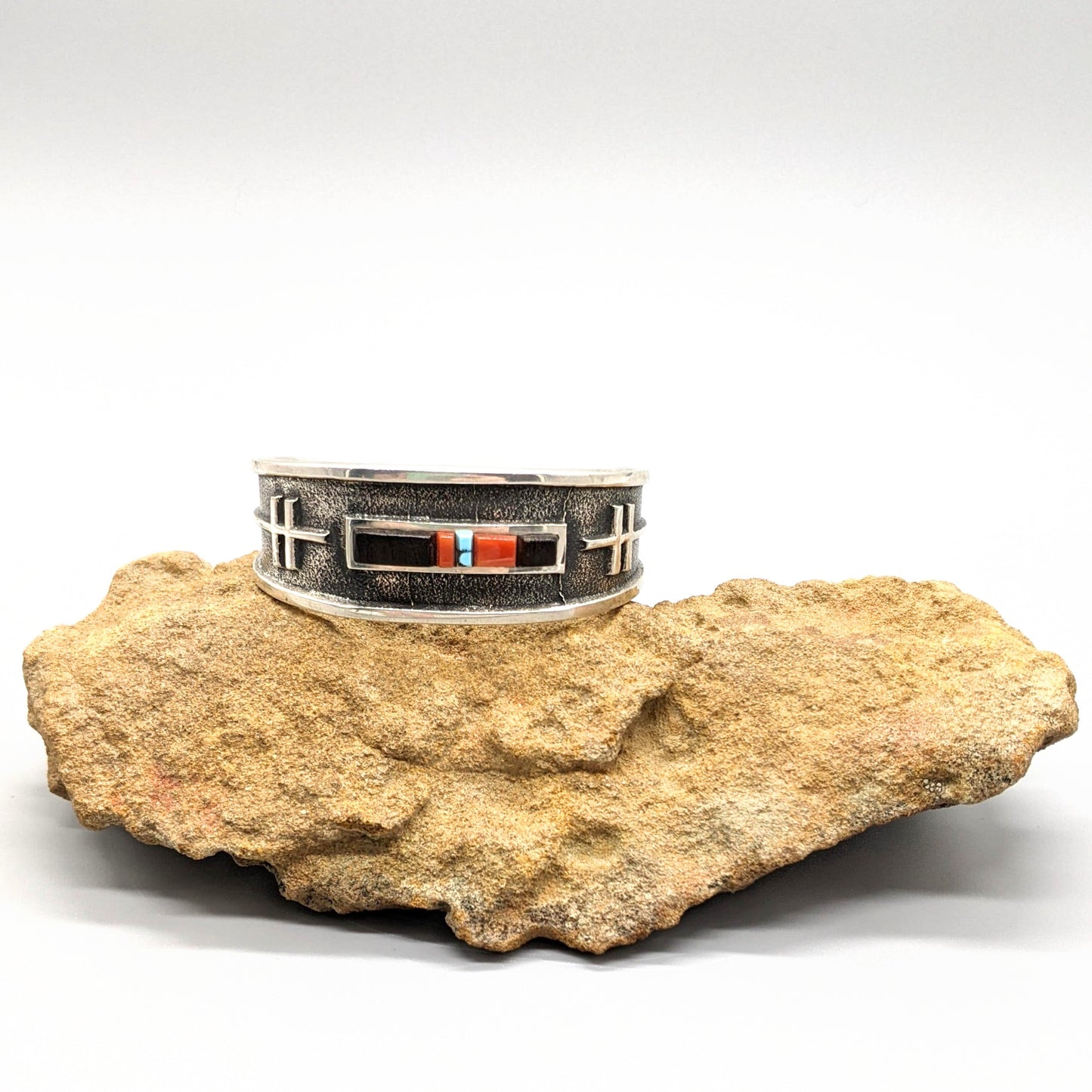 Aaron Anderson - Turquoise, Coral, Wood, and Sterling Tufa Cast Cuff