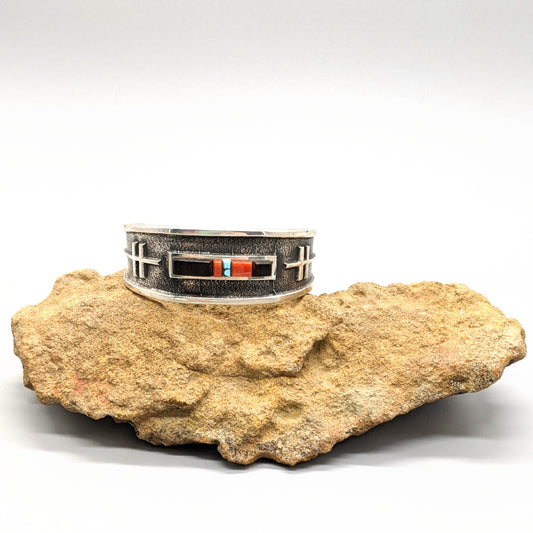 Aaron Anderson - Turquoise, Coral, Wood, and Sterling Tufa Cast Cuff