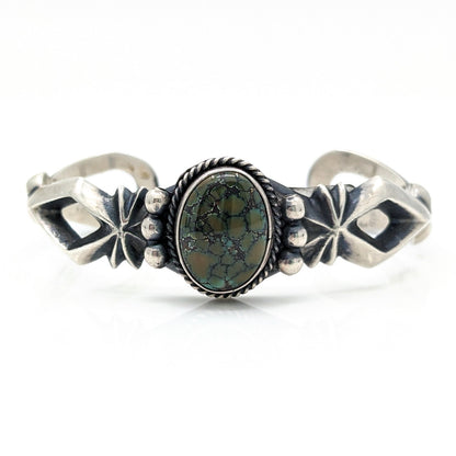 Harrison Bitsue - Deep Green Turquoise and Sterling Sandcast Cuff