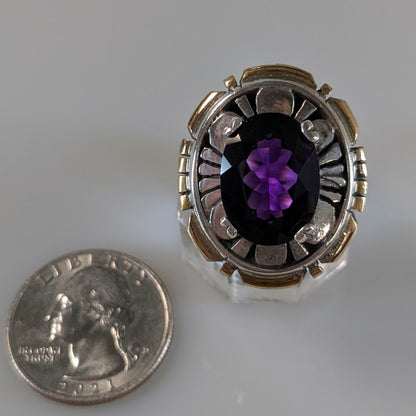 Robert Kelley (?) - Amethyst and Sterling w/ Gold Tone Edge Ring, Size 7.75