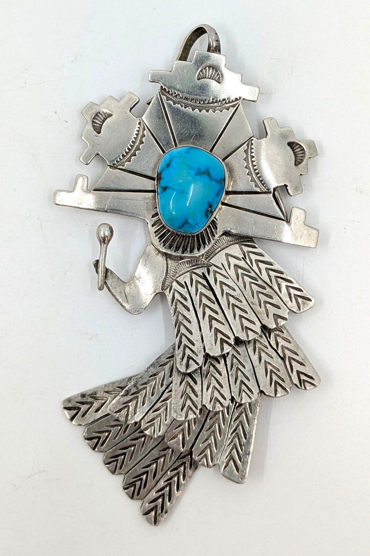 Esther Wood (Navajo) - Turquoise and Sterling Articulated Shalako Kachina Pendant/Brooch