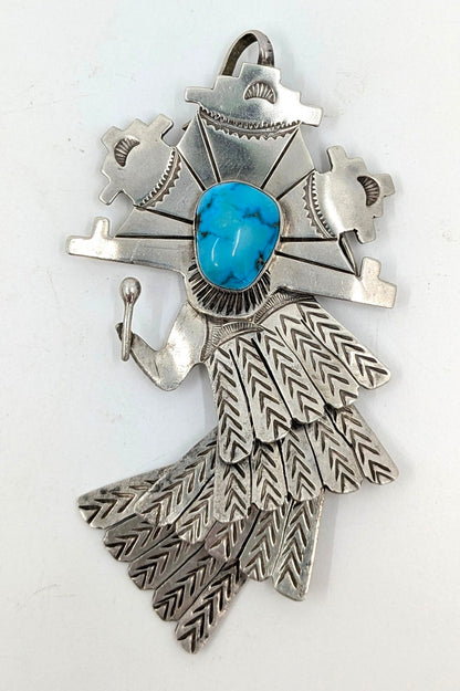Esther Wood (Navajo) - Turquoise and Sterling Articulated Shalako Kachina Pendant/Brooch