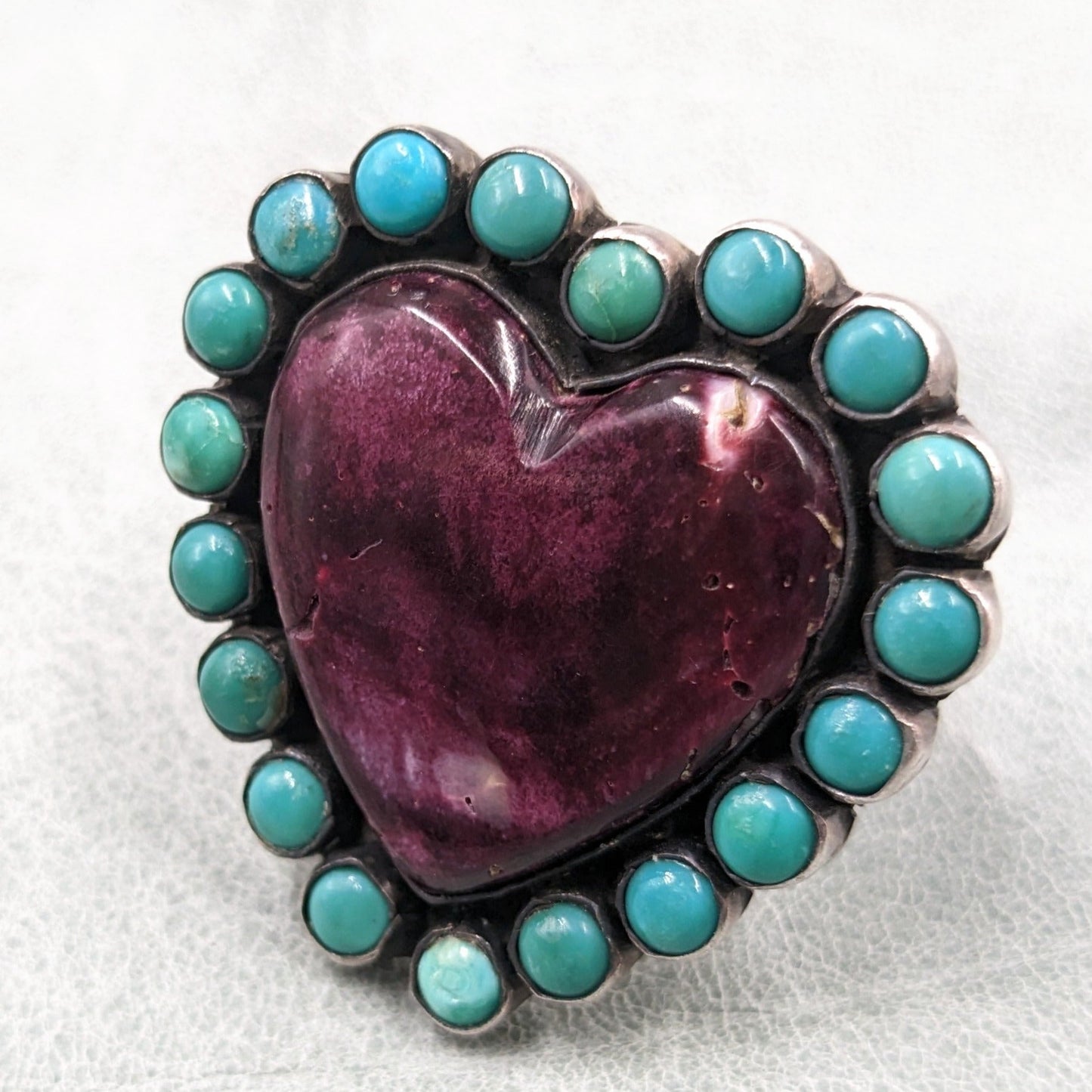 Federico Jimenez - Purple Spiny Oyster, Turquoise, and Sterling Heart Ring, Size 8.5