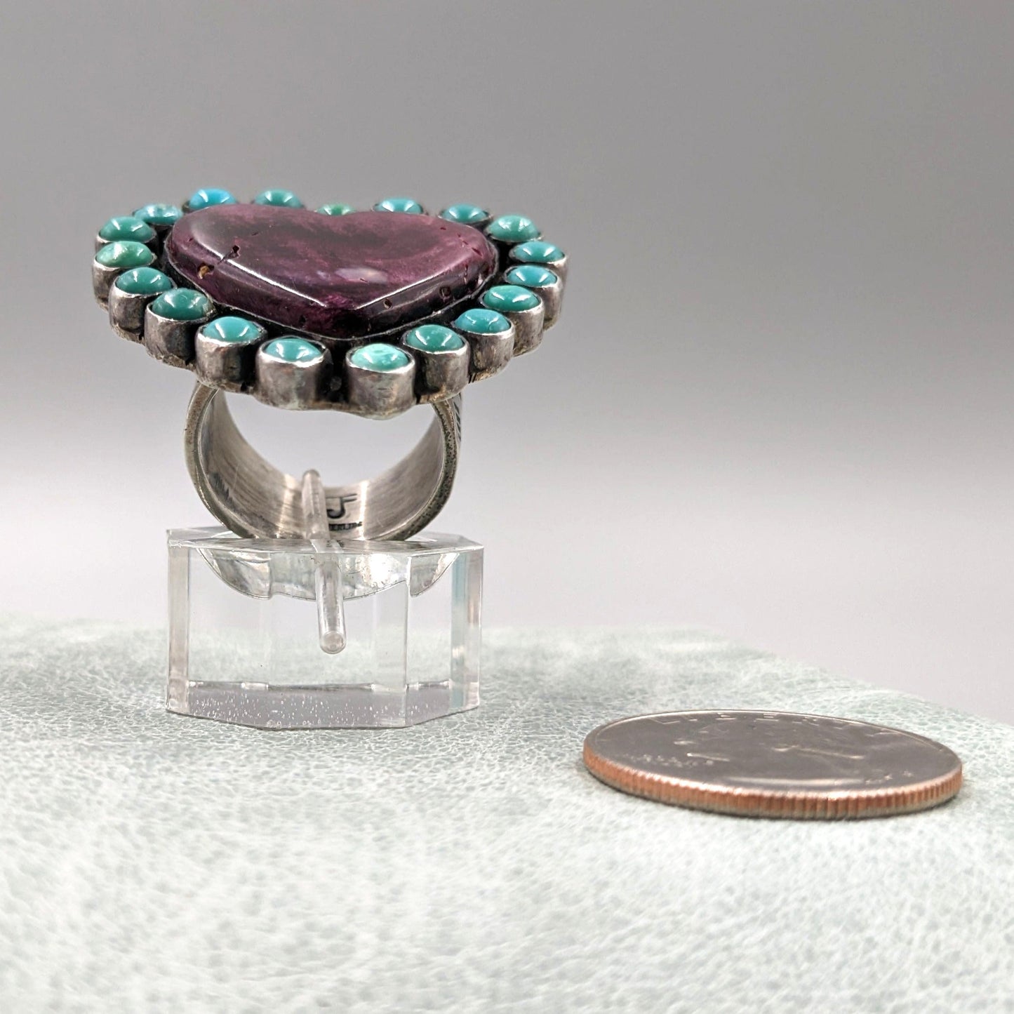 Federico Jimenez - Purple Spiny Oyster, Turquoise, and Sterling Heart Ring, Size 8.5