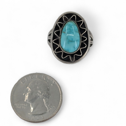 Three Hogans - Vintage Turquoise Sterling Ring, Size 6.75