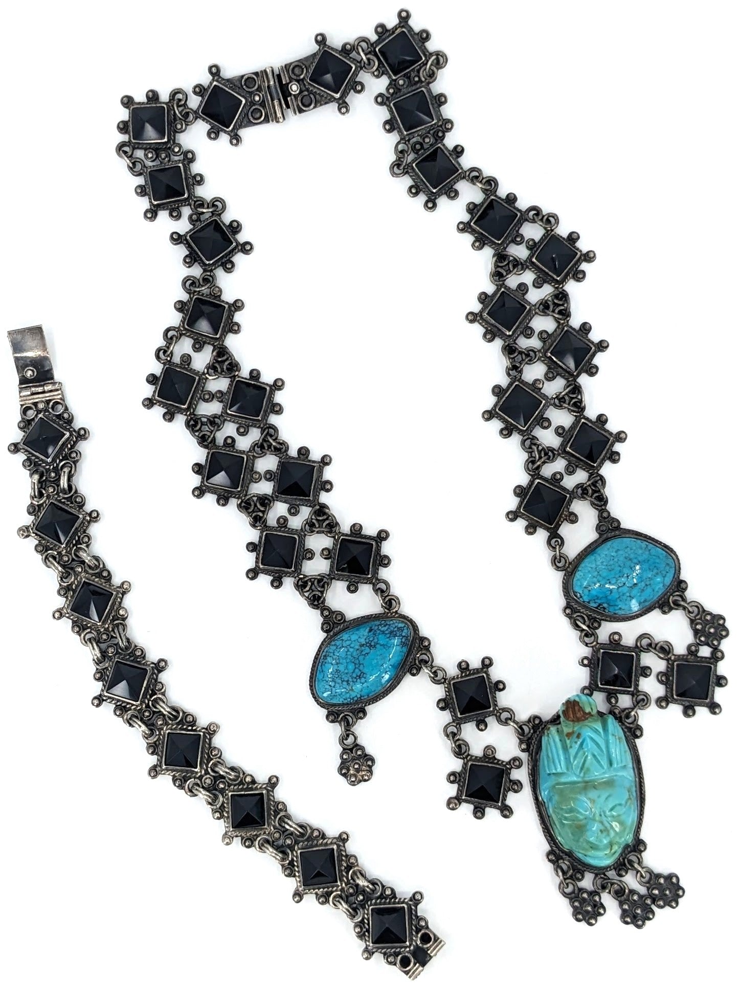 OOAK Taxco Aztec/Maya Figural Carved Turquoise, Obsidian, & Sterling Necklace & Bracelet Set