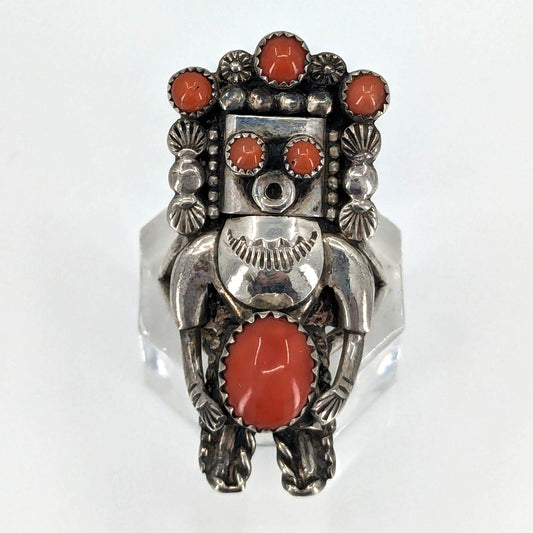 Jerry Roan - Incredible Vintage Coral Sterling Kachina Ring, Size 7.75