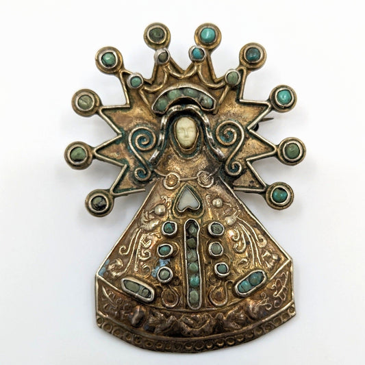 Matilde Eugenia Poulat - Very Rare Turquoise, Bone, and Sterling Our Lady of Guadalupe Brooch