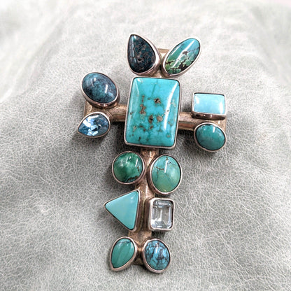 Obsidian Jewelry - 13 Stone Turquoise, Topaz, and Aquamarine Cross Pendant