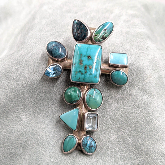 Obsidian Jewelry - 13 Stone Turquoise, Topaz, and Aquamarine Cross Pendant