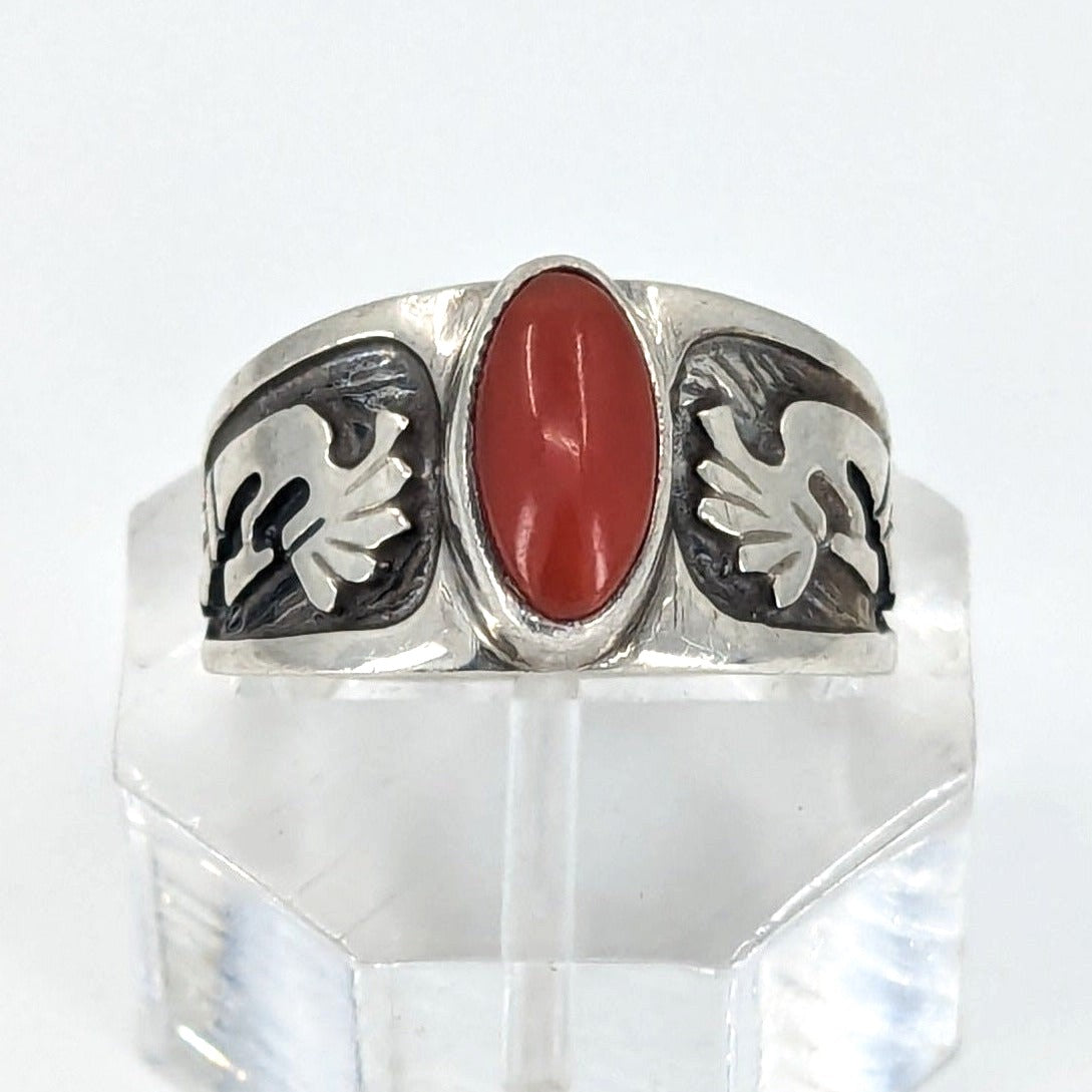 Julius Burbank - Sterling Kokopelli Ring with Coral, Size 6