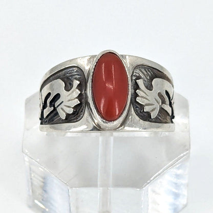 Julius Burbank - Sterling Kokopelli Ring with Coral, Size 6