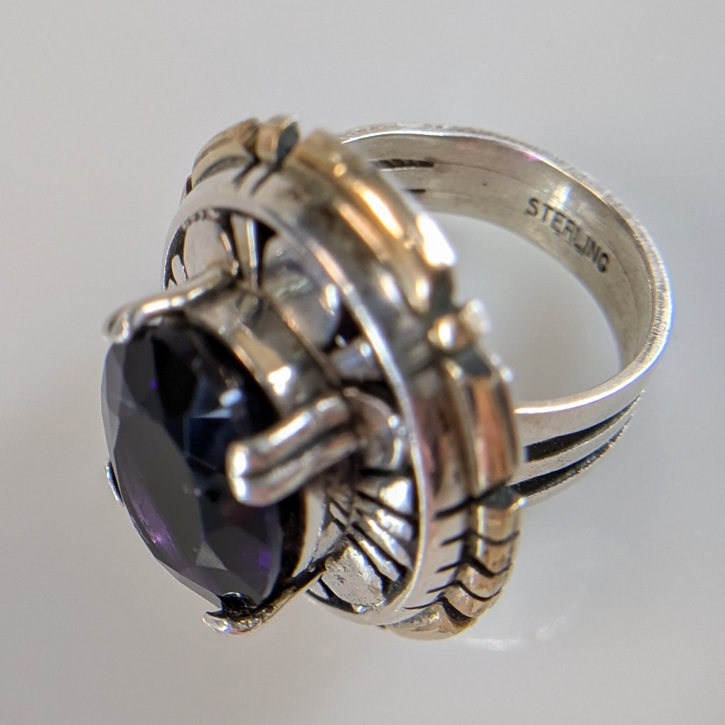 Robert Kelley (?) - Amethyst and Sterling w/ Gold Tone Edge Ring, Size 7.75