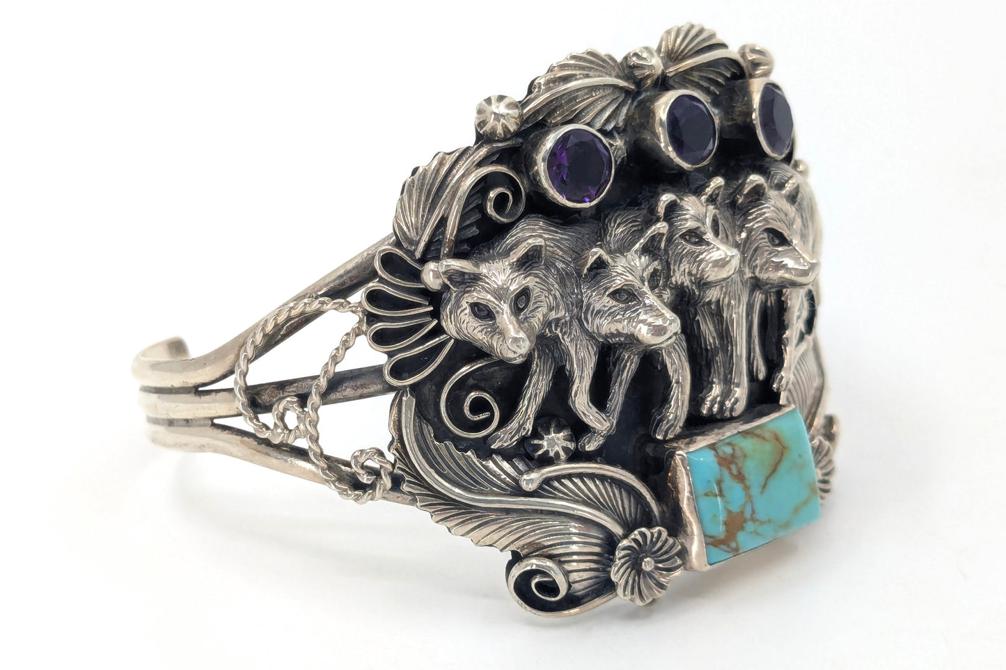 Detailed Four Wolves Cuff with Turquoise and Amethyst