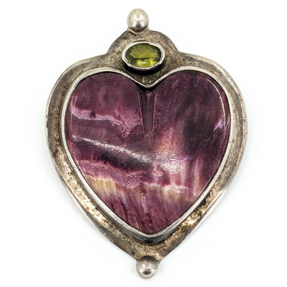 Echo of the Dreamer - Purple Spiny Oyster Heart Convertible Pendant/Brooch With Peridot