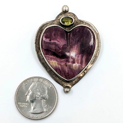 Echo of the Dreamer - Purple Spiny Oyster Heart Convertible Pendant/Brooch With Peridot