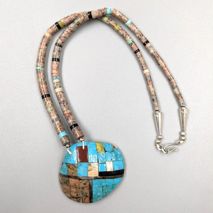 Santo Domingo (Kewa) Rolled Multi-stone Necklace with Shell Inlay Pendant