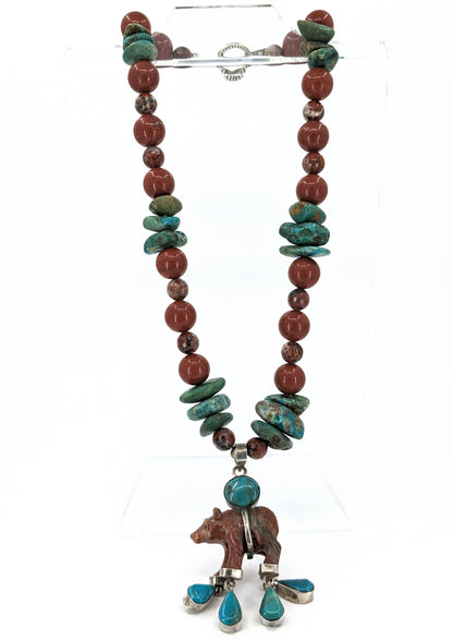 Southwest Inspired Turquoise, Jasper, and Sterling Necklace with Bear Fetish Pendant