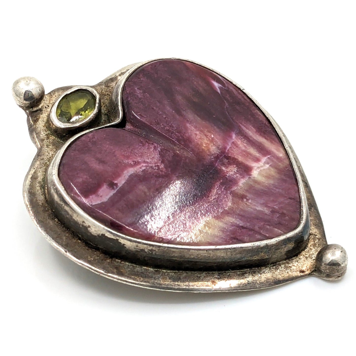 Echo of the Dreamer - Purple Spiny Oyster Heart Convertible Pendant/Brooch With Peridot