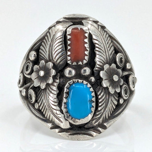 Manygoats - Traditional Navajo Turquoise and Coral Ring, Size 17