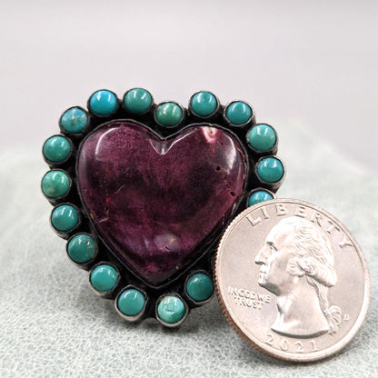 Federico Jimenez - Purple Spiny Oyster, Turquoise, and Sterling Heart Ring, Size 8.5