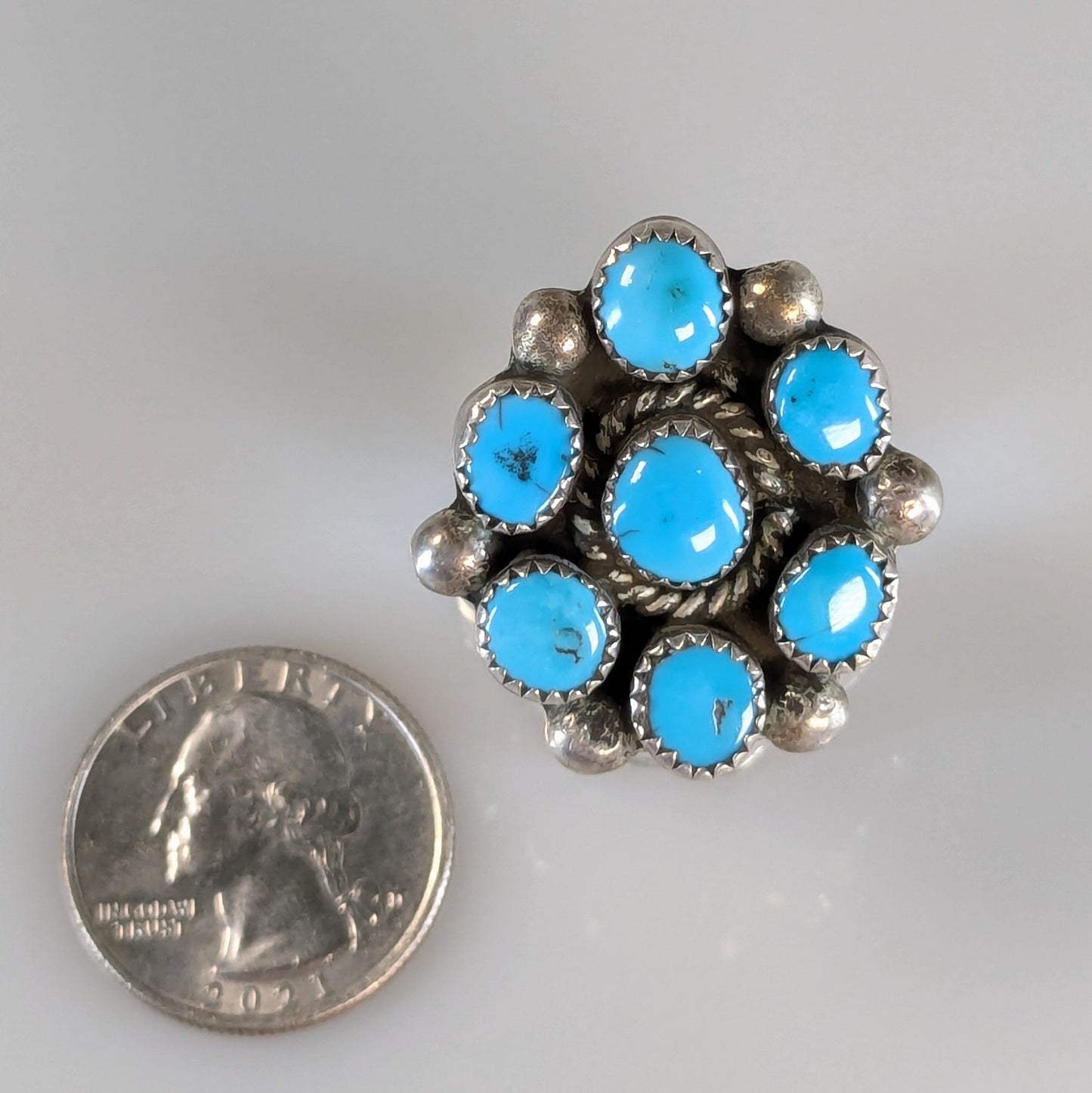 Vintage Navajo (?) Sterling Turquoise Cluster Ring, Size 8