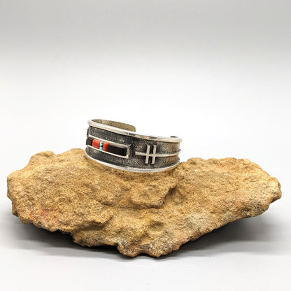 Aaron Anderson - Turquoise, Coral, Wood, and Sterling Tufa Cast Cuff