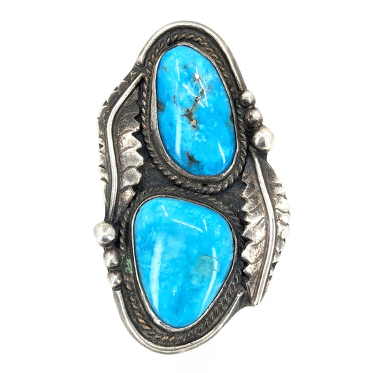 Vintage Navajo Double Turquoise Ring with Sterling Leaf Designs, Size 6.25