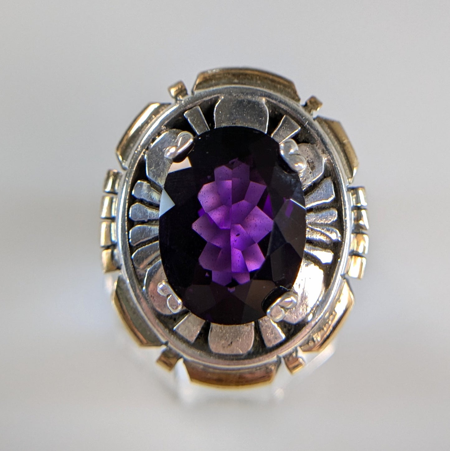 Robert Kelley (?) - Amethyst and Sterling w/ Gold Tone Edge Ring, Size 7.75