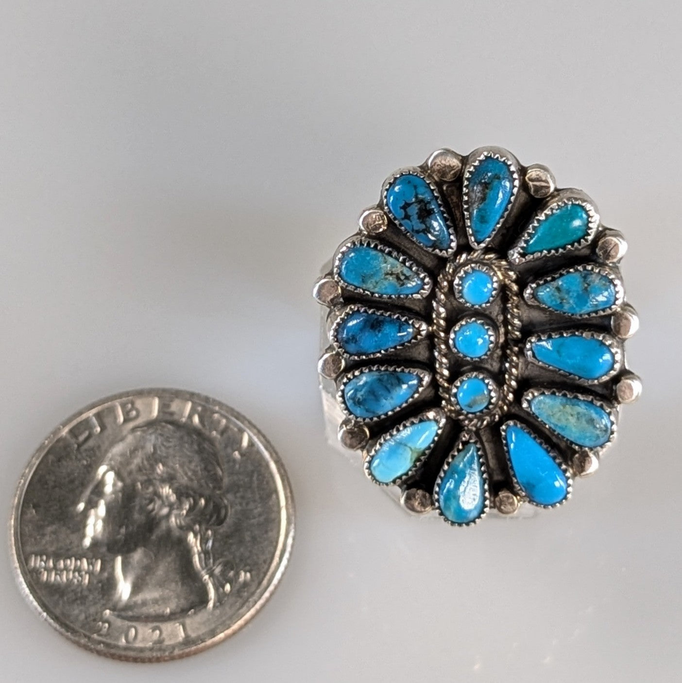 Shirley M. Bahe - Vintage Turquoise Cluster and Sterling Ring, c. 1960s-70s, Size 7