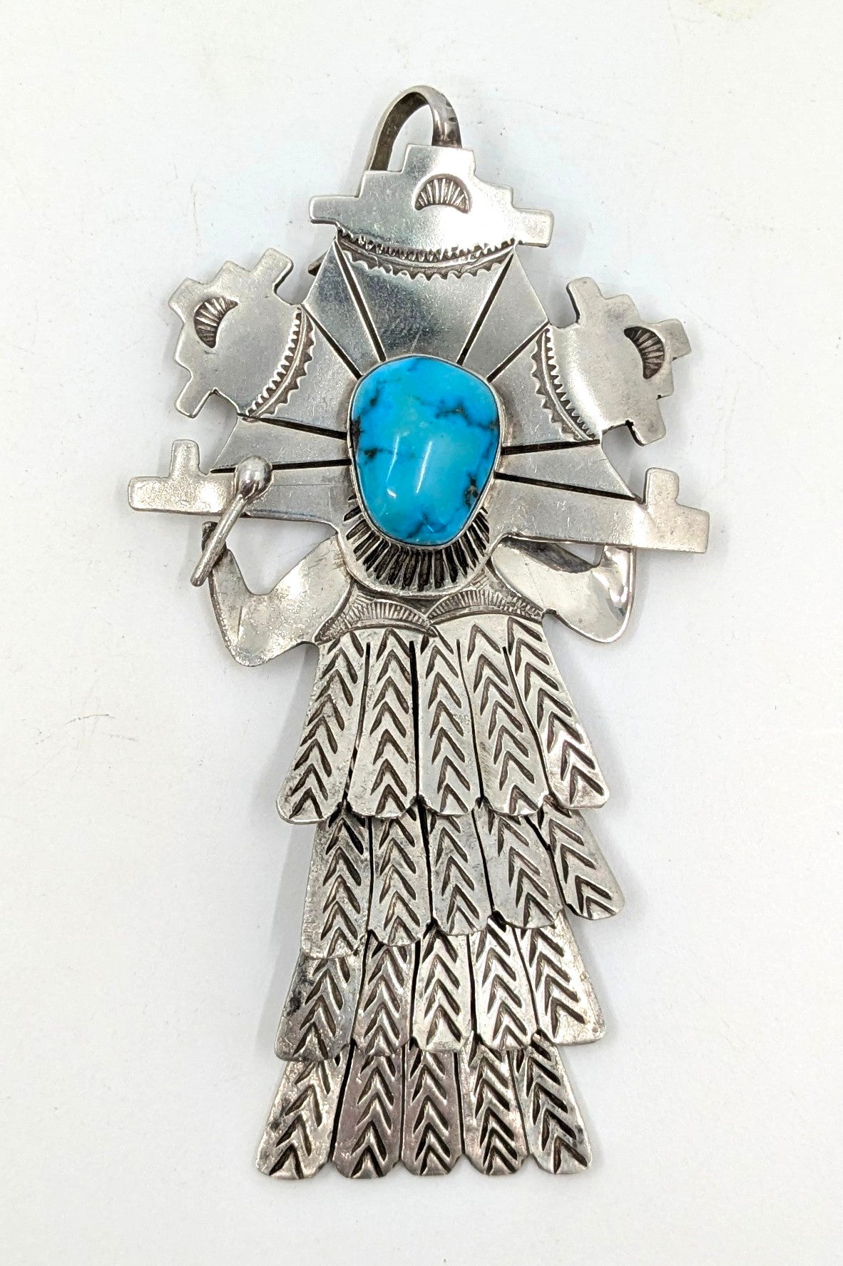 Esther Wood (Navajo) - Turquoise and Sterling Articulated Shalako Kachina Pendant/Brooch