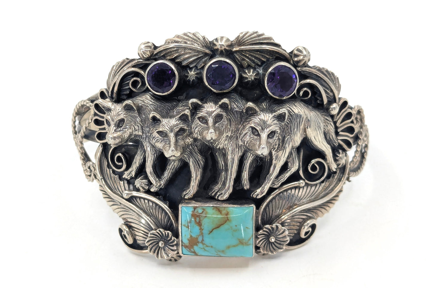 Detailed Four Wolves Cuff with Turquoise and Amethyst