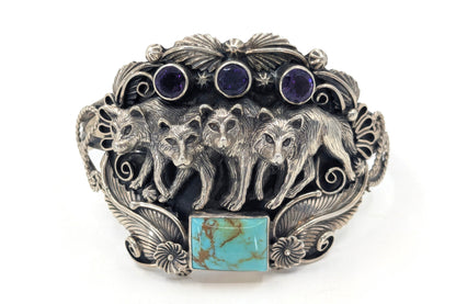 Detailed Four Wolves Cuff with Turquoise and Amethyst